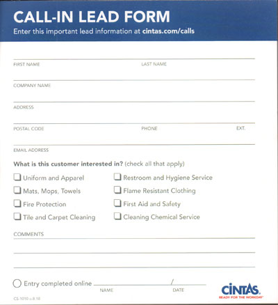 CS-1010 CALL-IN LEAD FORM (50/PAD) 8/18