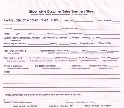 C-SMF002 SHOEMOBILE CUSTOMER SALES SUMMARY 3PART CARBONLESS FORM(100/PK)rev9/19