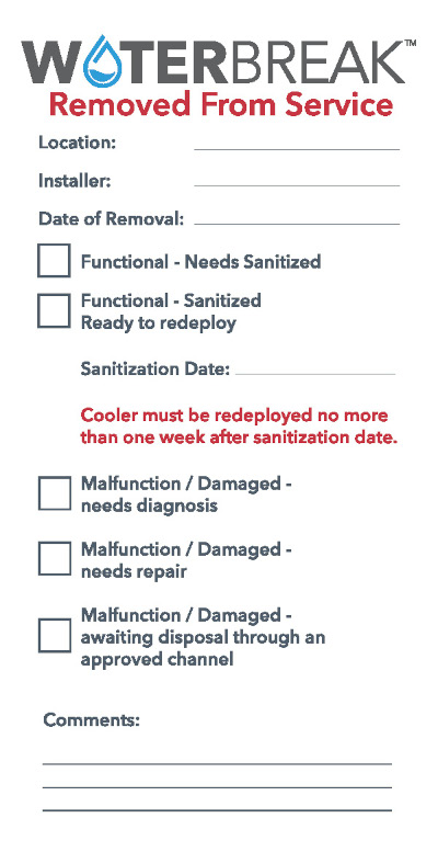 WB-RNTLRFS WATERBREAK REMOVE FROM SERVICE STICKERS (DIG) (50/PK) 1/21